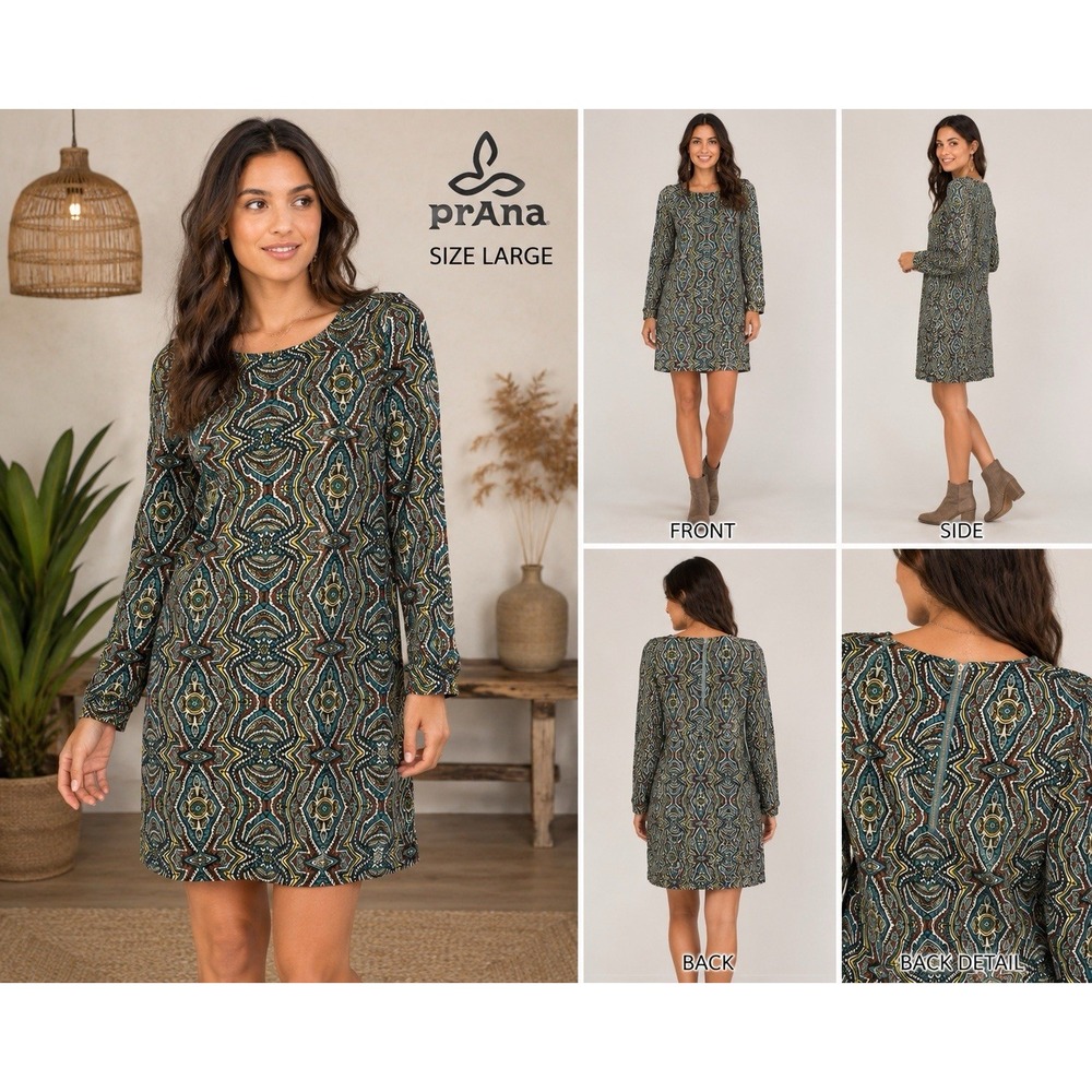 prAna Womens Geometric Print Long Sleeve Mini Dress Teal Boho Size Large